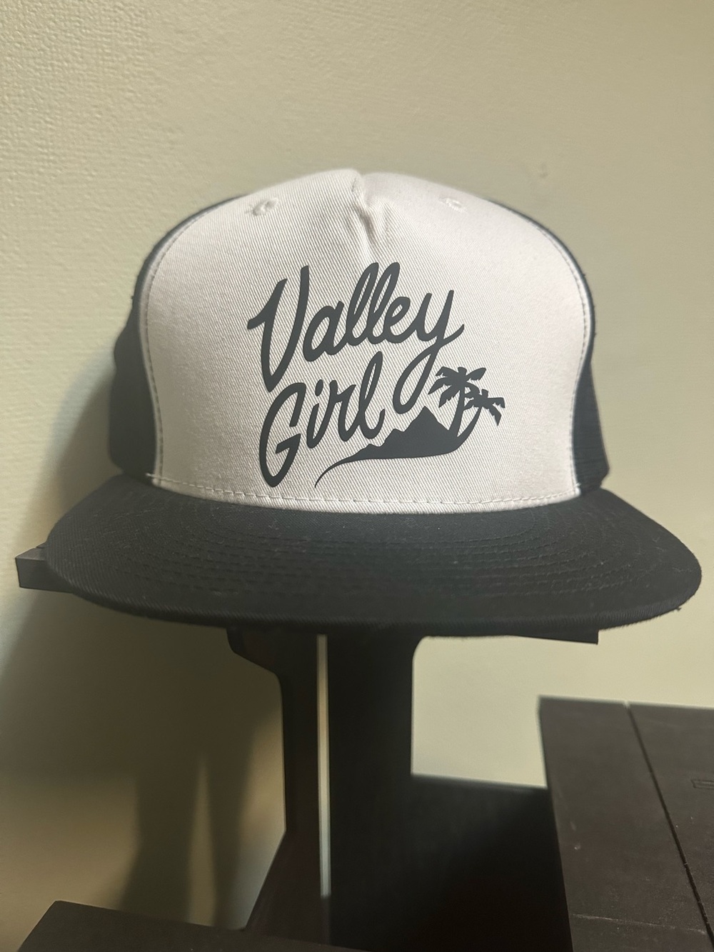 Valley Girl White and Black Trucker Hat with Script Logo